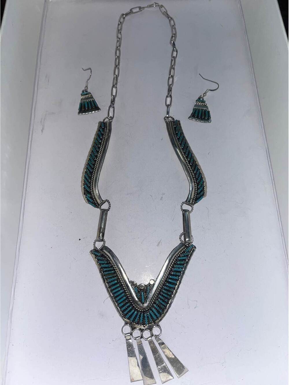 Navajo handmade sterling silver turquoise necklace with earrings